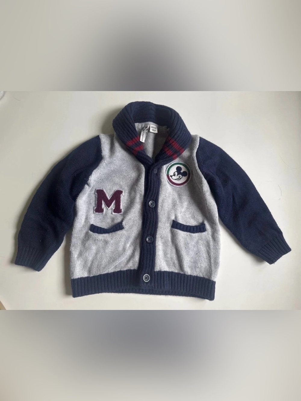 Janie and Jack x Disney Grey & Navy Mickey Patch Shawl Collar Cardigan